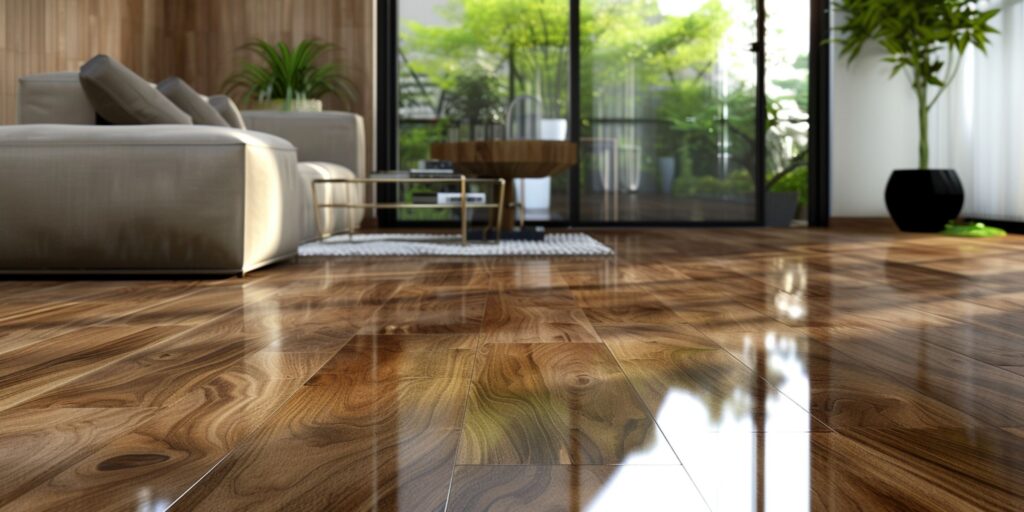 Hintergrundbild aus Holzlaminatdielen. Wohndekor-Konzept. Lackiertes Holzbrett, glänzend polierter Holzparkettboden mit niedrigem Winkel aufgenommen.