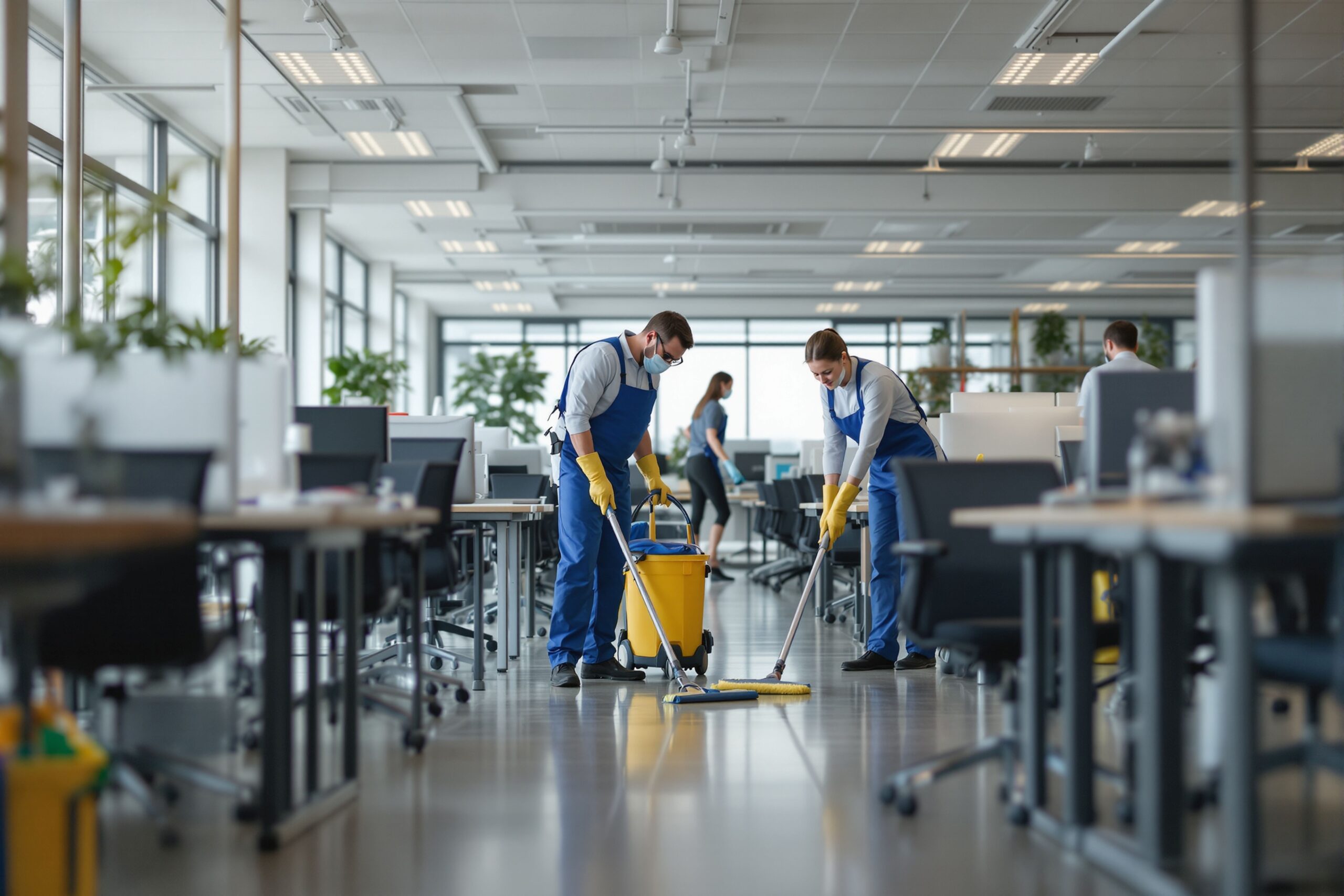 Reinigungskräfte beim Putzen im Büro